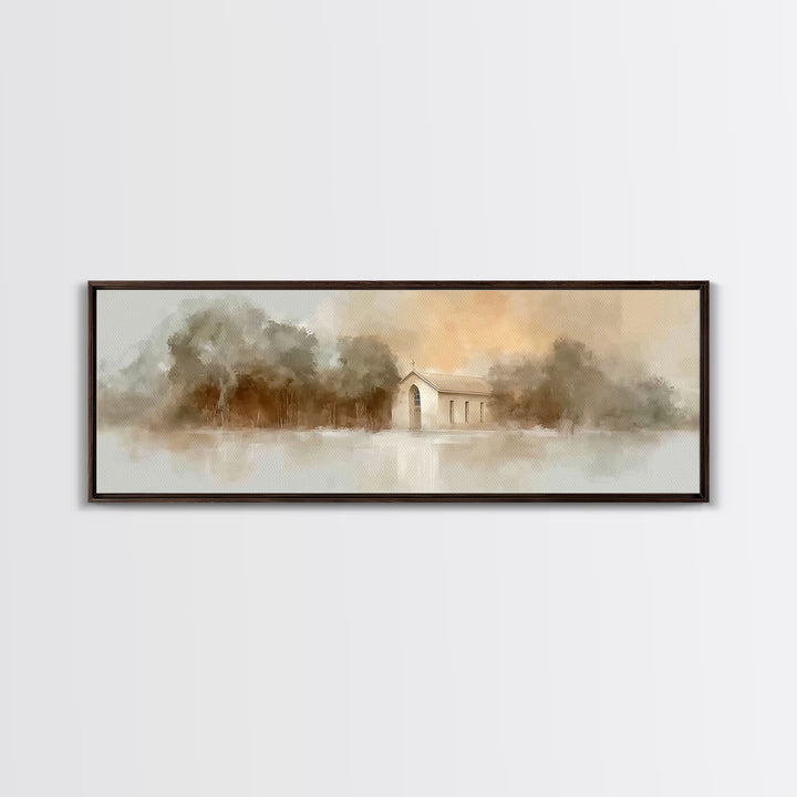 Soft Morning Chapel | Framed Canvas Print | Panoramic Wall Art | Christian Art Canvas | Christian Painting | Christian Christmas Art | Chri