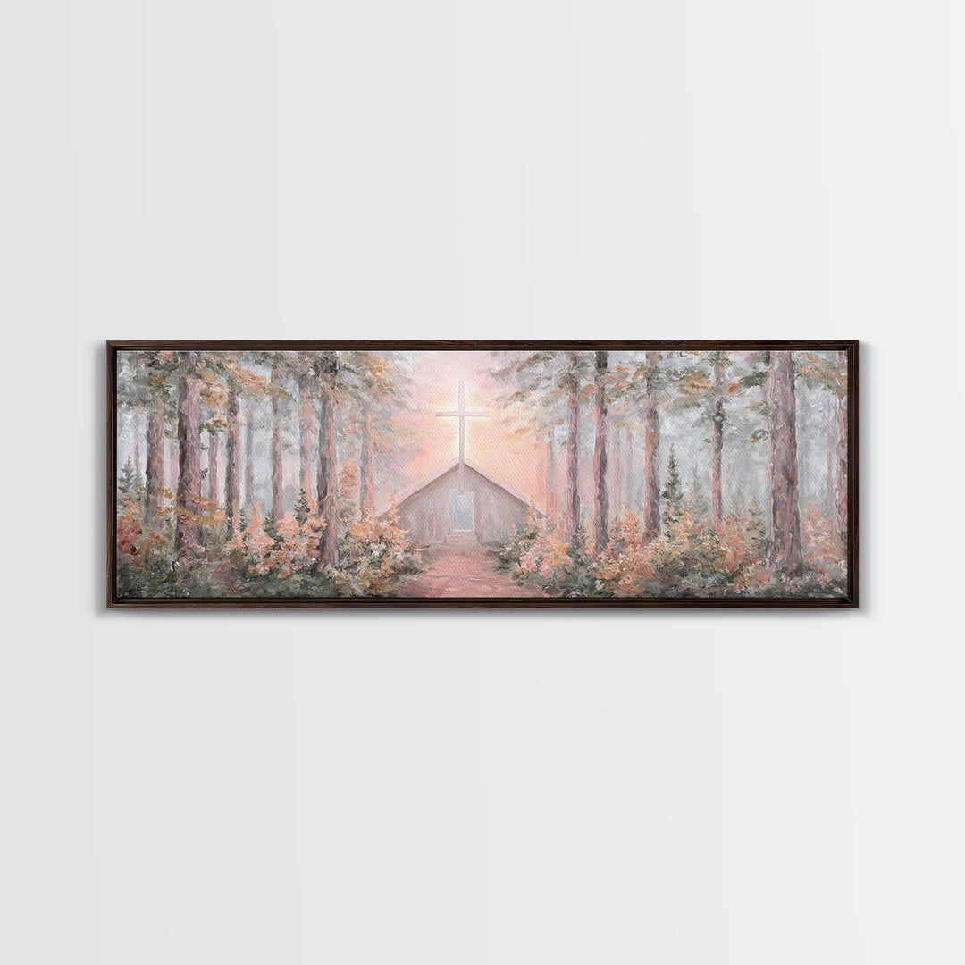 Woodland Cross Glow – Framed Canvas Print – Panoramic Painting – Christian Art Canvas – Christian Wall Art – Christian Christmas Art – Chri