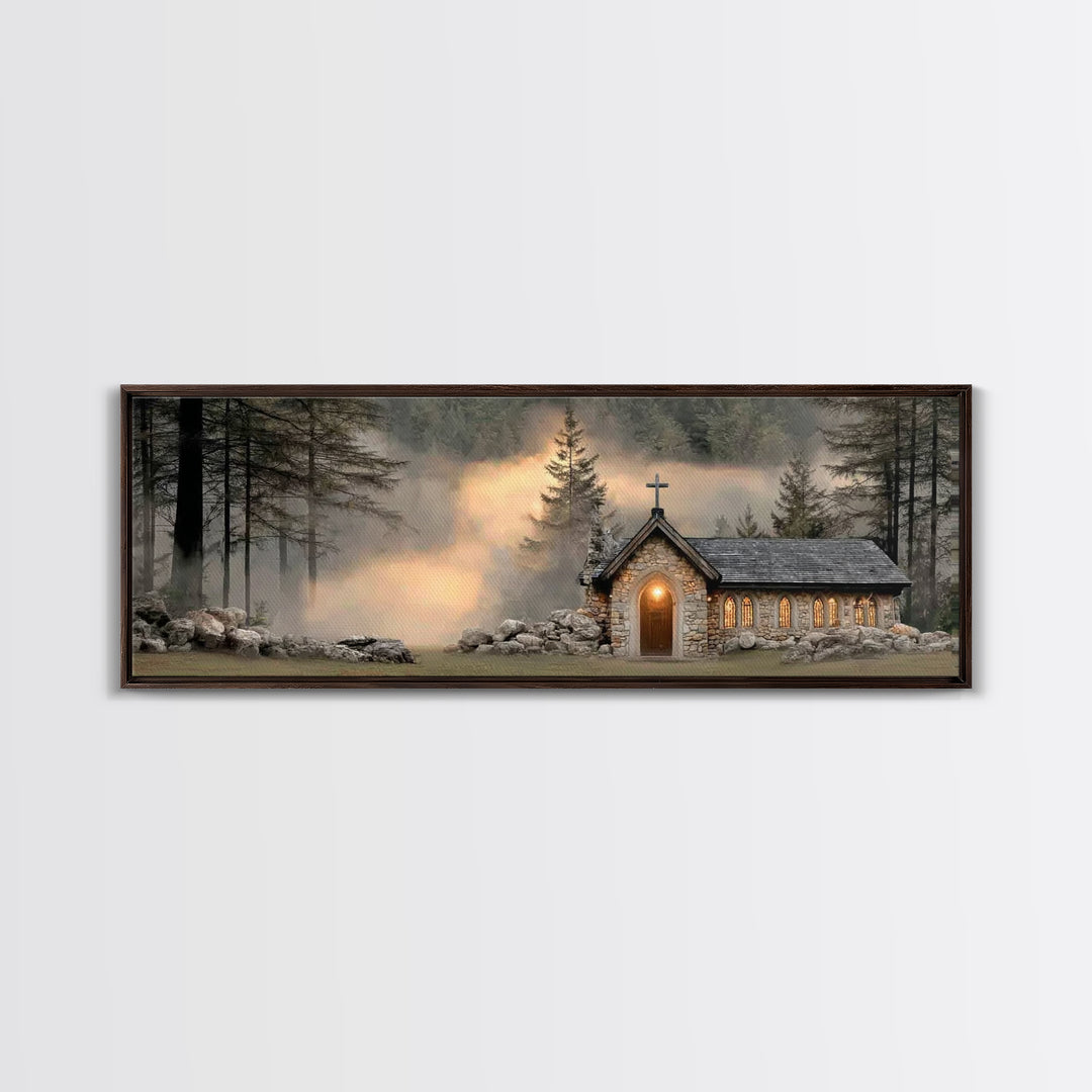 Chapel In The Pines | Framed Canvas Print | Panoramic Frame | Christian Wall Art | Christian Christmas Art | Christian Art Canvas | Christi