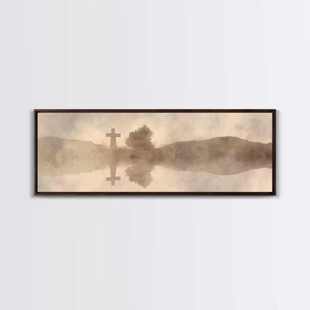 Misty Cross Reflections – Framed Canvas Print – Christian Wall Art – Panoramic Art – Christian Art Canvas – Jesus Painting – Christian Gift