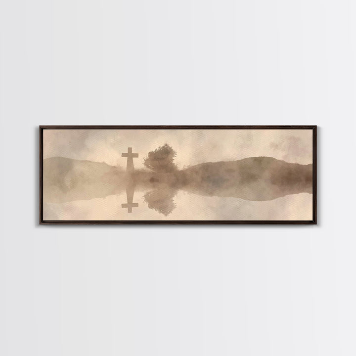 Misty Cross Reflections – Framed Canvas Print – Christian Wall Art – Panoramic Art – Christian Art Canvas – Jesus Painting – Christian Gift