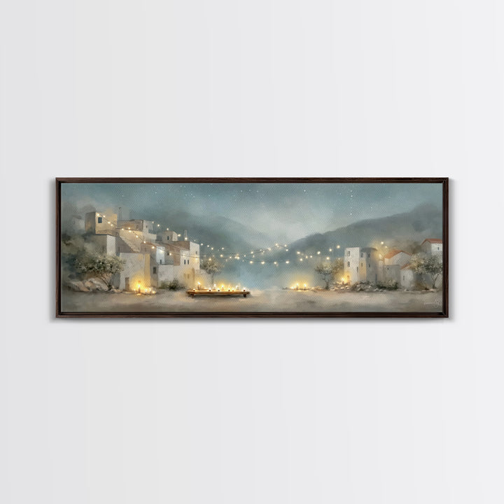 Starlit Village Peace, Framed Canvas Print, Christian Wall Art, Panoramic Art, Christian Christmas Art, Christian Art Print, Christian Deco
