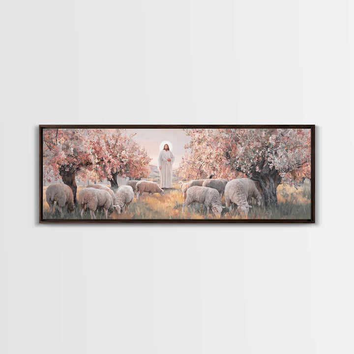 Peaceful Flock Dawn, Framed Canvas Print, Christian Art Print, Panoramic Art, Christmas Art, Christian Wall Art, Jesus Canvas Art
