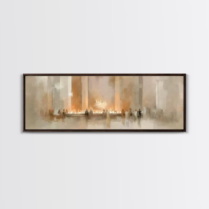 Sacred Candle Gathering | Framed Canvas Print | Christian Wall Art | Christian Christmas Art | Panoramic Wall Art | Christian Art Canvas