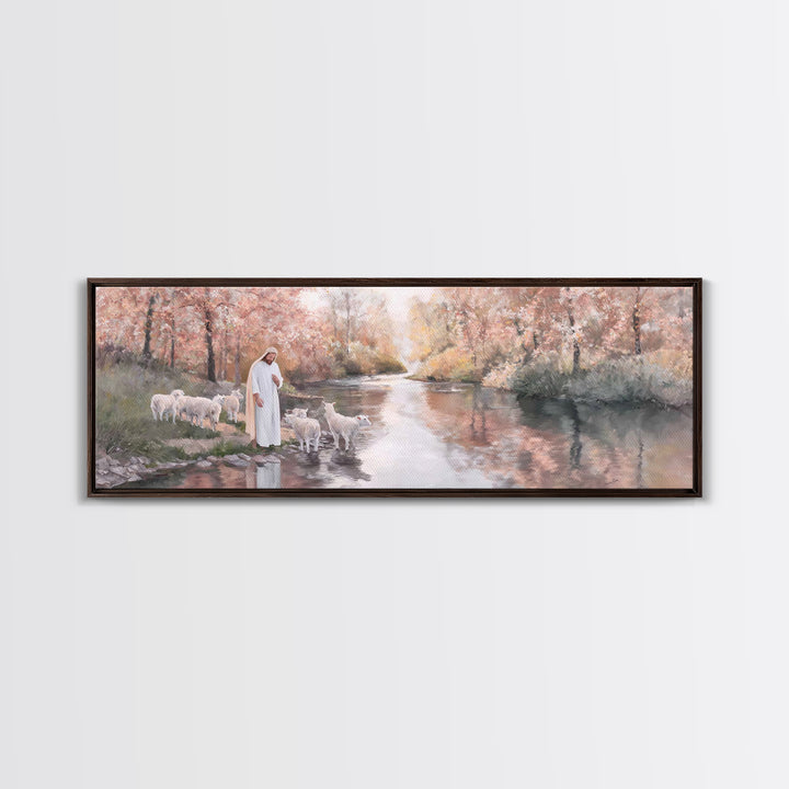 Pastoral Grace Reflections – Framed Canvas Print – Jesus Painting – Panoramic Print – Christian Wall Art – Christian Art Canvas – Christian