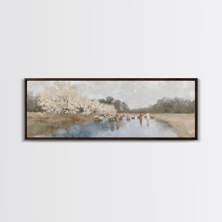 Riverside Shepherd Calm | Framed Canvas Print | Christian Art Canvas | Panoramic Wall Art | Jesus Painting | Christian Gift Ideas | Christi