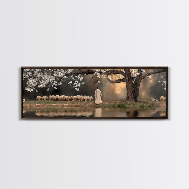 Shepherd’s Quiet Dawn, Framed Canvas Print, Christian Wall Art, Panoramic Print, Jesus Painting, Christian Art Canvas, Christian Gift Ideas