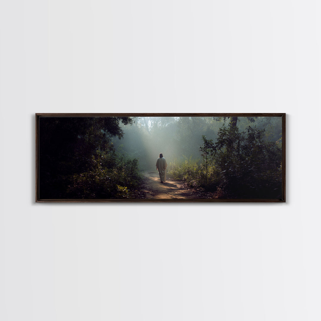 Light Through The Trees, Framed Canvas Print, Christian Wall Art, Jesus Painting, Panoramic Print, Christian Art Canvas, Large Christian Pa