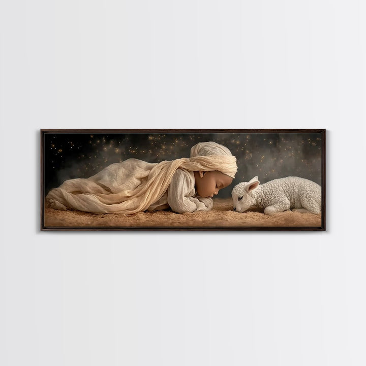 Peaceful Manger – Framed Canvas Print – Christian Christmas Art – Christian Wall Art – Panoramic Frame – Christian Art Canvas – Christmas D