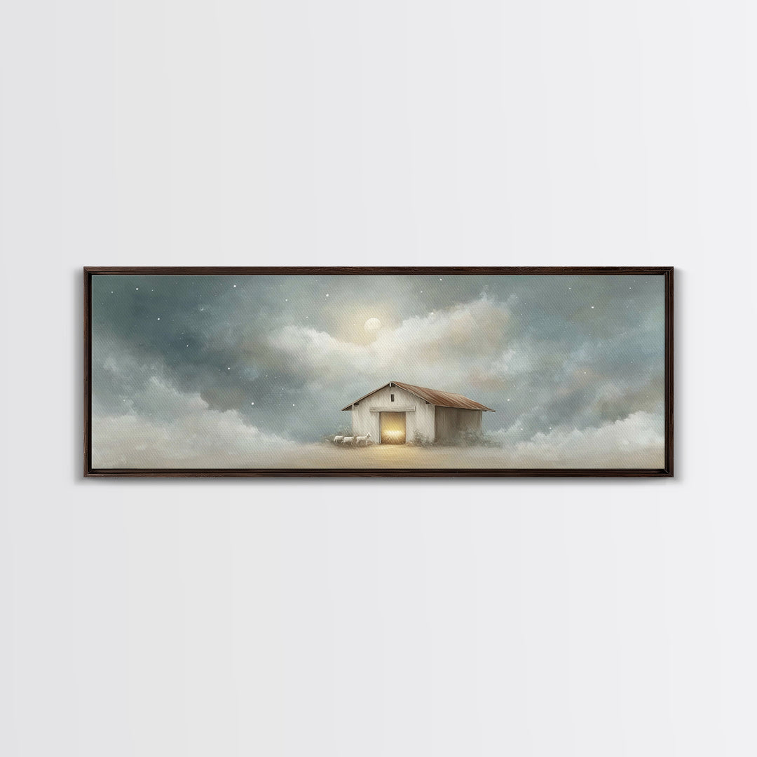 Midnight Stable Peace | Framed Canvas Print | Panoramic Painting | Christian Art Canvas | Christmas Wall Art | Christian Christmas Decor |