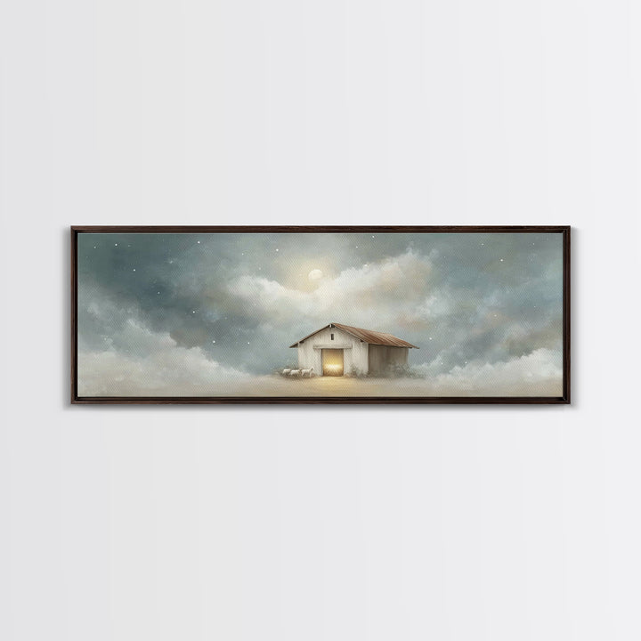 Midnight Stable Peace | Framed Canvas Print | Panoramic Painting | Christian Art Canvas | Christmas Wall Art | Christian Christmas Decor |