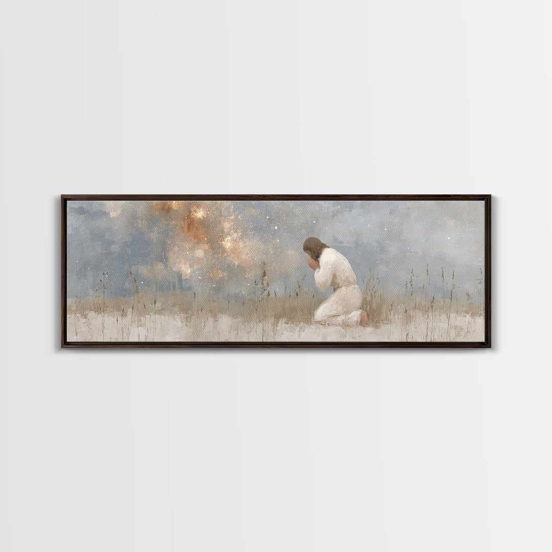 Silent Petition, Framed Canvas Print, Panoramic Wall Art, Christian Art Canvas, Jesus Painting, Christian Wall Art, Christian Christmas Art