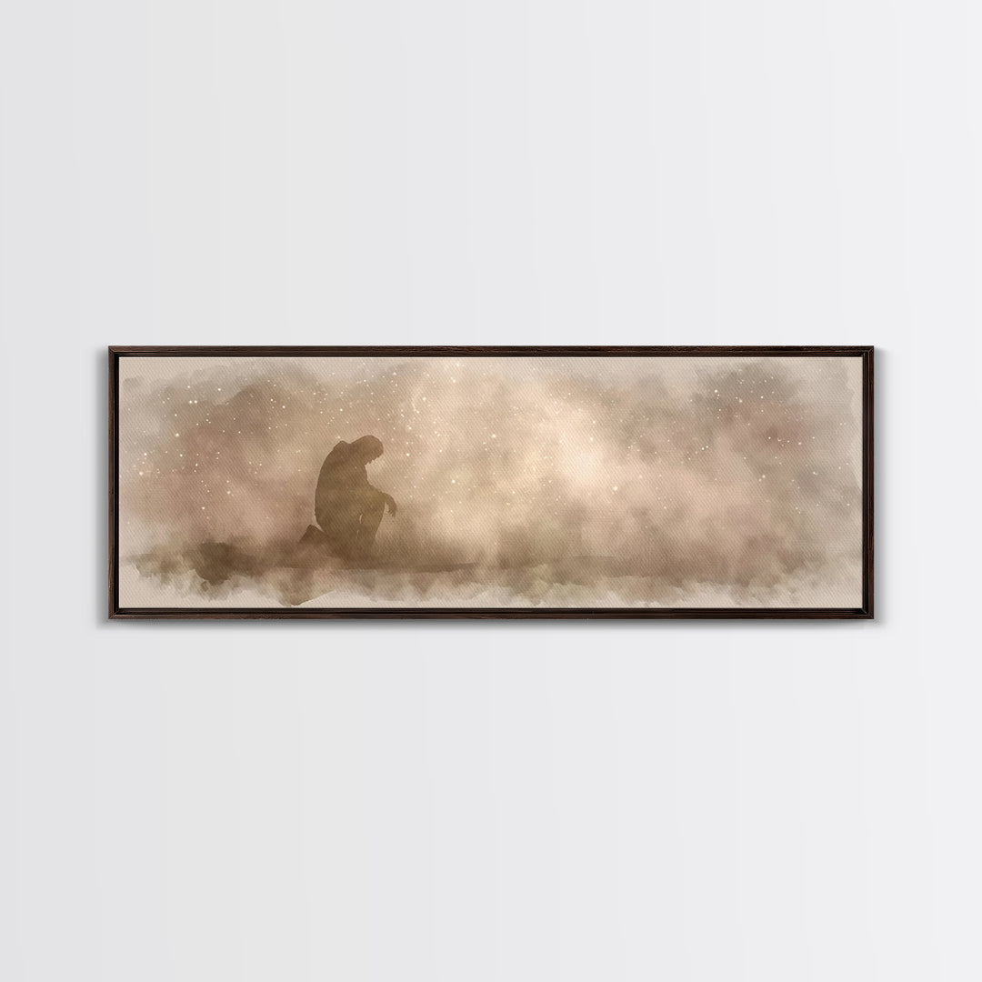Kneeling Light | Framed Canvas Print | Panoramic Frame | Christian Art Canvas | Jesus Painting | Christian Wall Art | Christian Christmas A