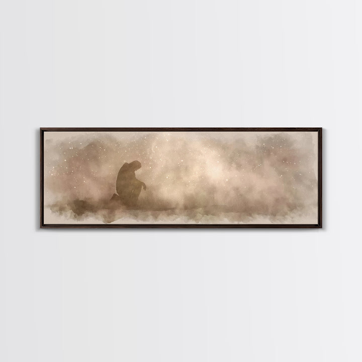 Kneeling Light | Framed Canvas Print | Panoramic Frame | Christian Art Canvas | Jesus Painting | Christian Wall Art | Christian Christmas A
