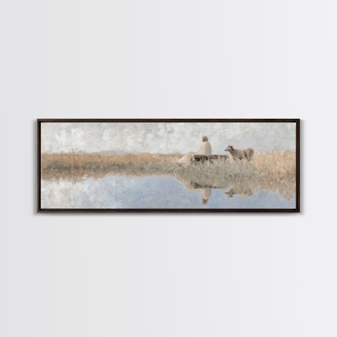 Quiet Shepherd Light - Framed Canvas Print - Panoramic Art - Christian Wall Art - Jesus Painting - Christian Art Canvas - Christmas Art