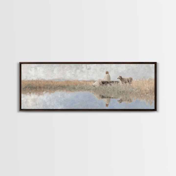Quiet Shepherd Light - Framed Canvas Print - Panoramic Art - Christian Wall Art - Jesus Painting - Christian Art Canvas - Christmas Art