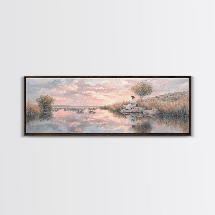 Shepherd’s Quiet Path, Framed Canvas Print, Panoramic Frame, Christian Art Canvas, Large Christian Painting, Jesus Painting, Christmas Wall