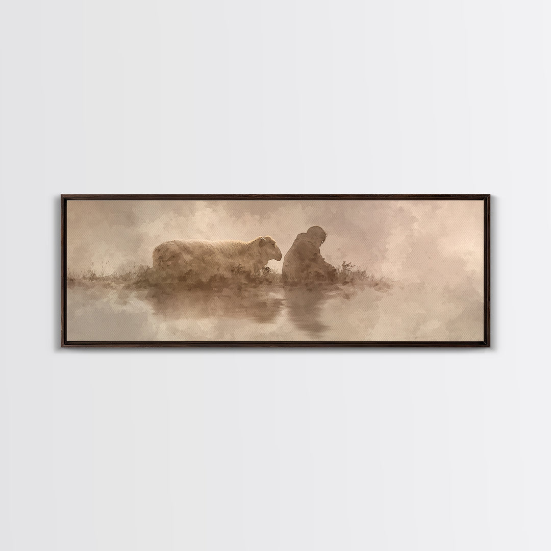 Calm Pasture Hope | Framed Canvas Print | Panoramic Art | Christian Art Work | Subtle Christian Art | Jesus Christmas Art | Christian Decor