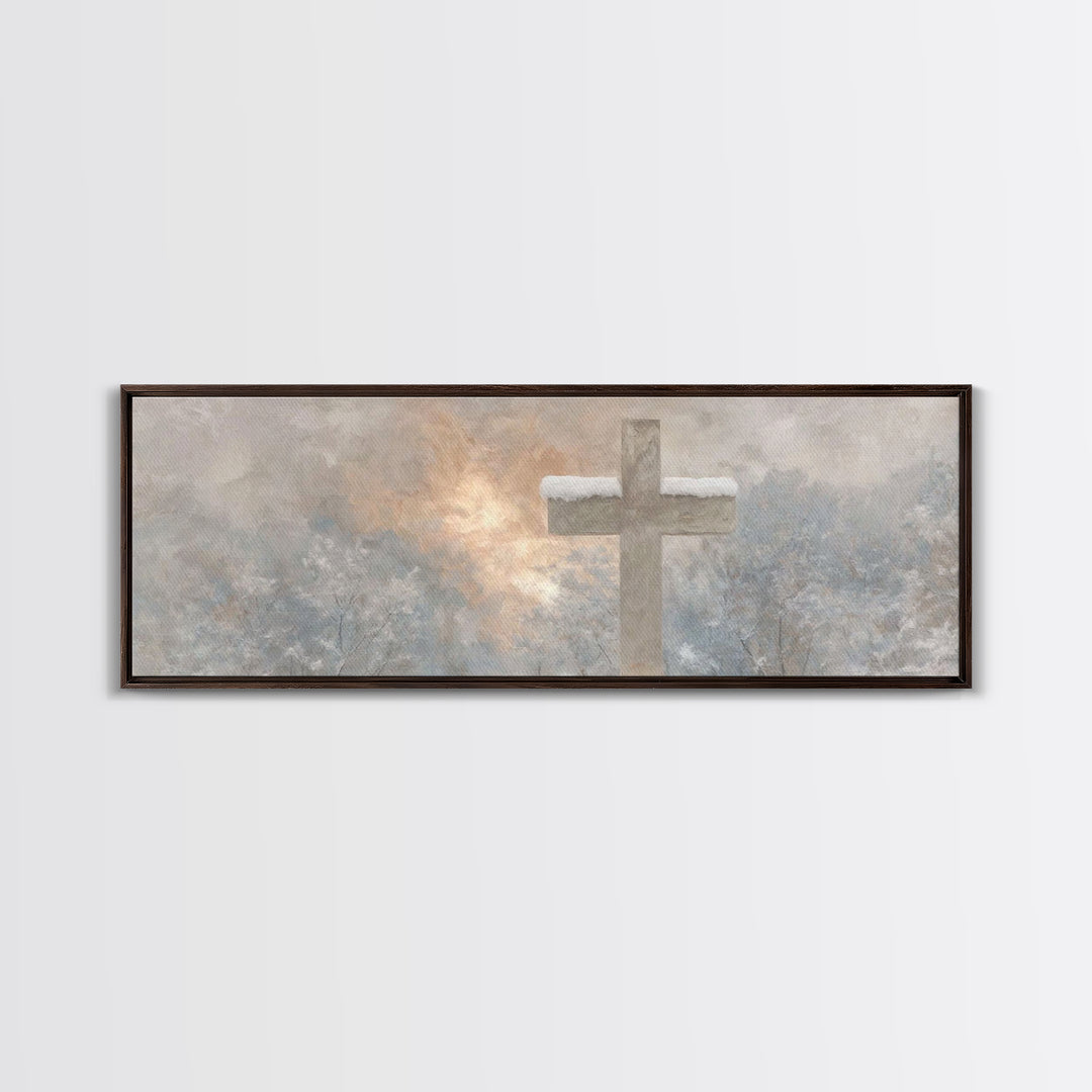 Winter Cross Light - Framed Canvas Print - Christian Wall Art - Panoramic Art - Christian Art Canvas - Christmas Art - Jesus Painting