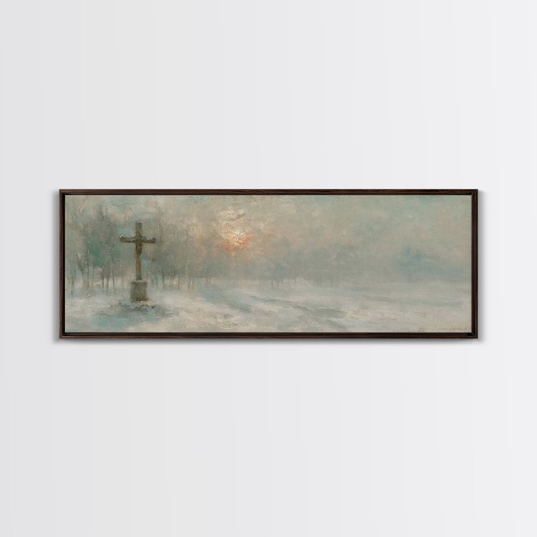 Silent Dawn Cross | Framed Canvas Print | Christian Art Canvas | Panoramic Painting | Christmas Wall Art | Modern Christian Art | Christian