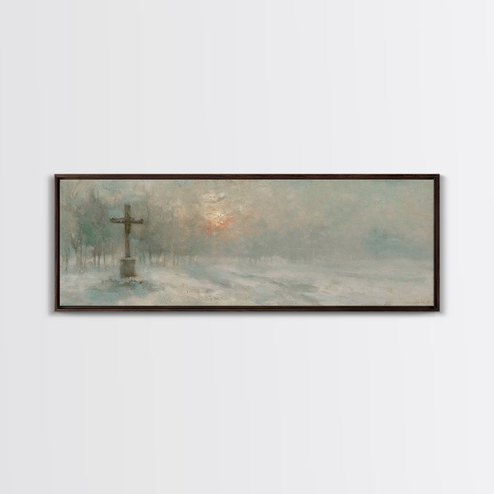 Silent Dawn Cross | Framed Canvas Print | Christian Art Canvas | Panoramic Painting | Christmas Wall Art | Modern Christian Art | Christian