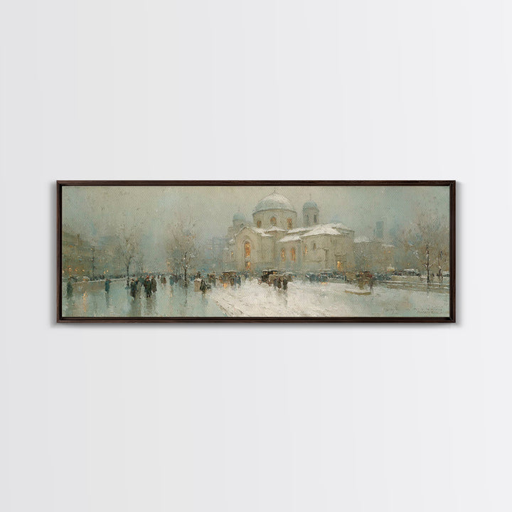 Snowy City Faith, Framed Canvas Print, Christian Art Work, Panoramic Wall Art, Christmas Art Prints, Christian Decor For Home, Modern Chris