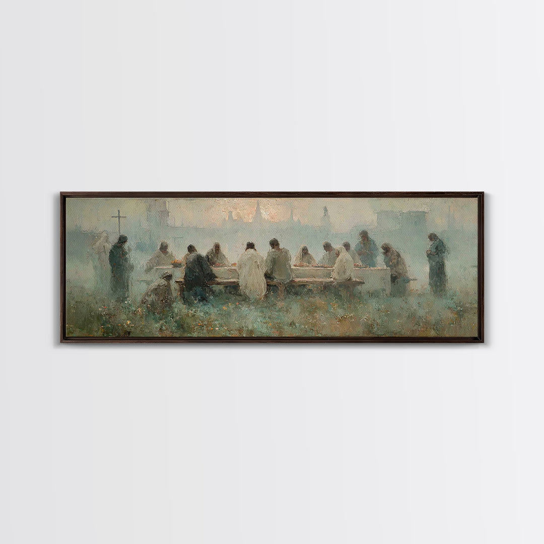 Upper Room Reverence, Framed Canvas Print, Christian Paintings, Large Christian Painting, Jesus Art Print, Panoramic Painting, Christian Ar