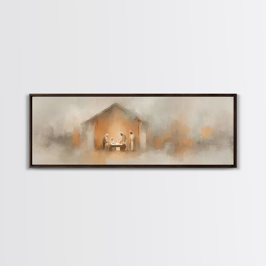 Nativity Glow, Framed Canvas Print, Panoramic Art, Christian Wall Art, Christian Art Canvas, Jesus Painting, Christmas Art