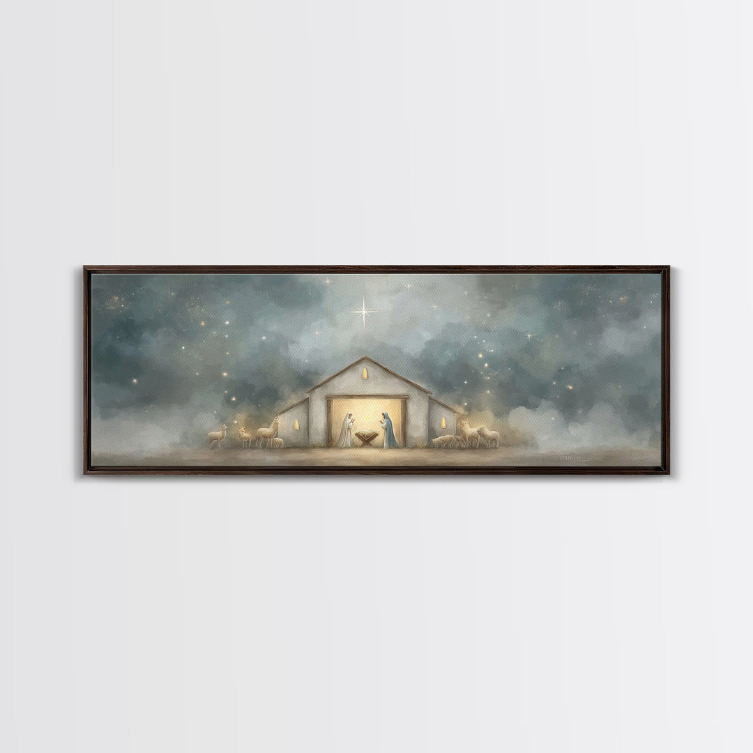 Starry Night Manger - Framed Canvas Print - Panoramic Print - Christian Christmas Art - Christian Art Canvas - Jesus Painting