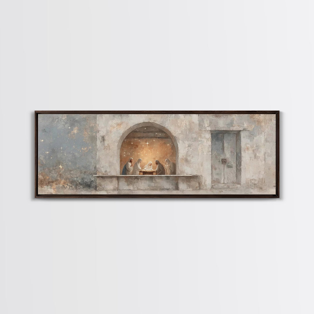 Sacred Arch Gathering, Framed Canvas Print, Panoramic Painting, Christian Art Canvas, Christian Wall Art, Christmas Art, Jesus Painting