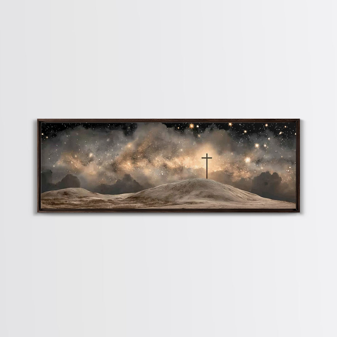 Cross On The Hill, Framed Canvas Print, Panoramic Art, Christian Wall Art, Christian Art Canvas, Jesus Painting, Christmas Art