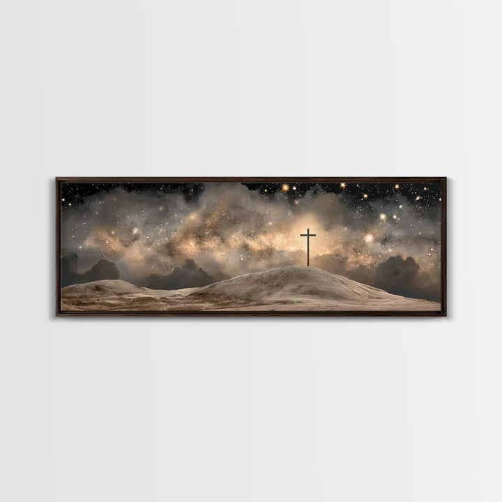 Cross On The Hill, Framed Canvas Print, Panoramic Art, Christian Wall Art, Christian Art Canvas, Jesus Painting, Christmas Art
