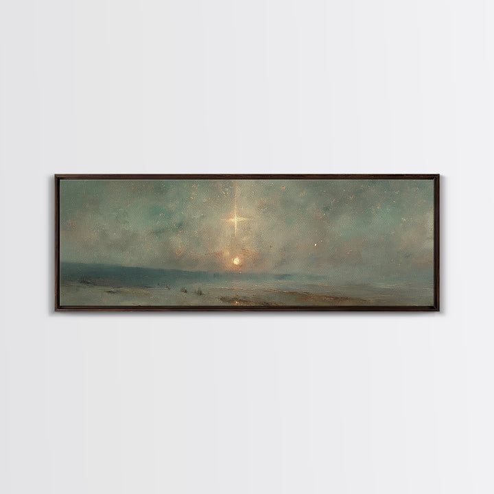 Heavenly Night Light, Framed Canvas Print, Christian Art Canvas, Panoramic Wall Art, Christian Christmas Art, Christian Wall Art, Jesus Pai