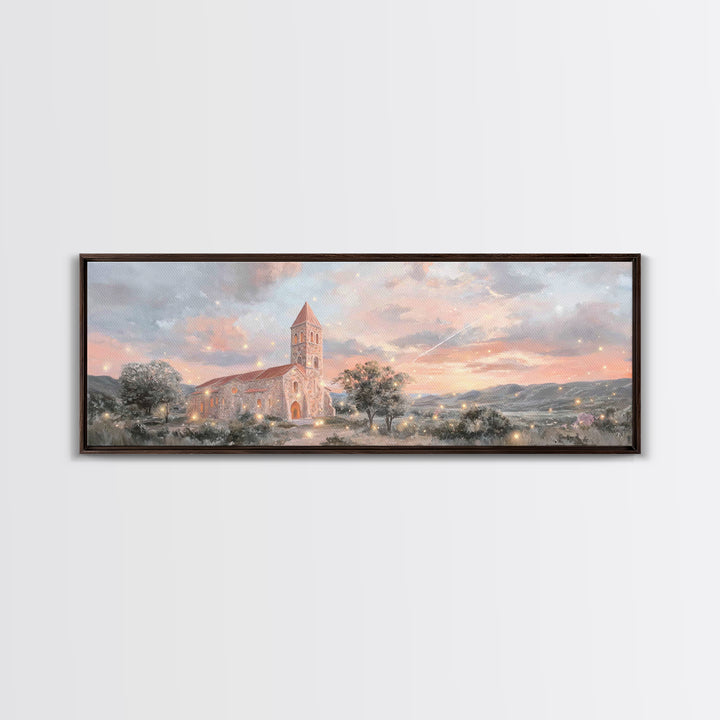 Evening Parish Glow | Framed Canvas Print | Panoramic Wall Art | Christian Art Canvas | Christian Christmas Art | Christian Wall Art | Chri