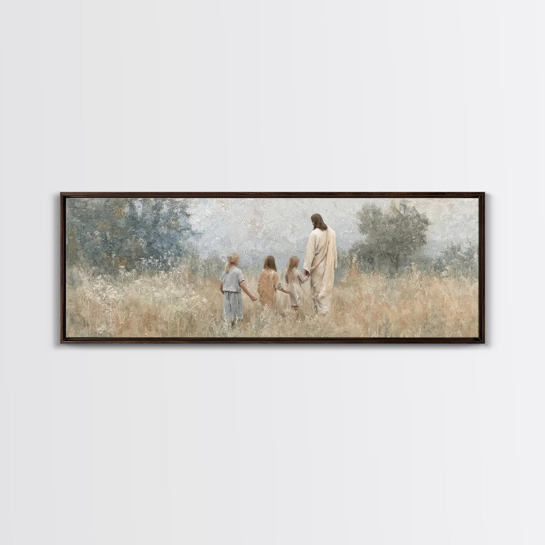 Gentle Meadow Walk – Framed Canvas Print – Christian Wall Art – Jesus Painting – Christian Art Canvas – Panoramic Art – Christian Christmas