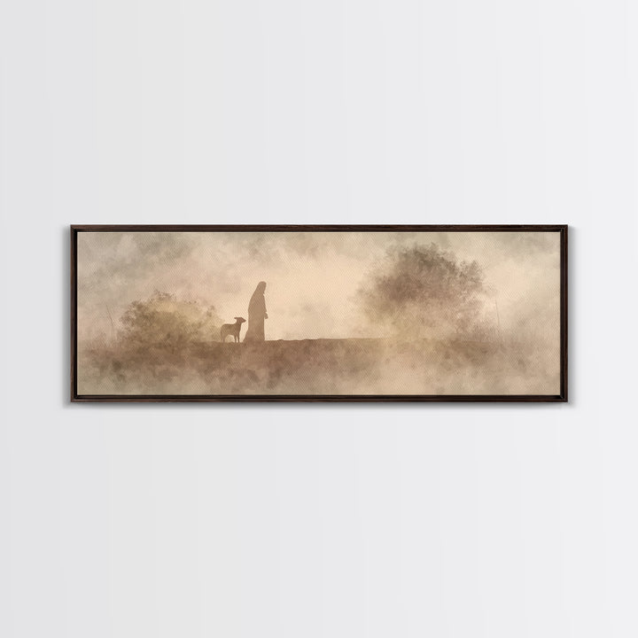 Shepherds In Light – Framed Canvas Print – Panoramic Wall Art – Christian Art Canvas – Christian Christmas Art – Jesus Painting – Christmas