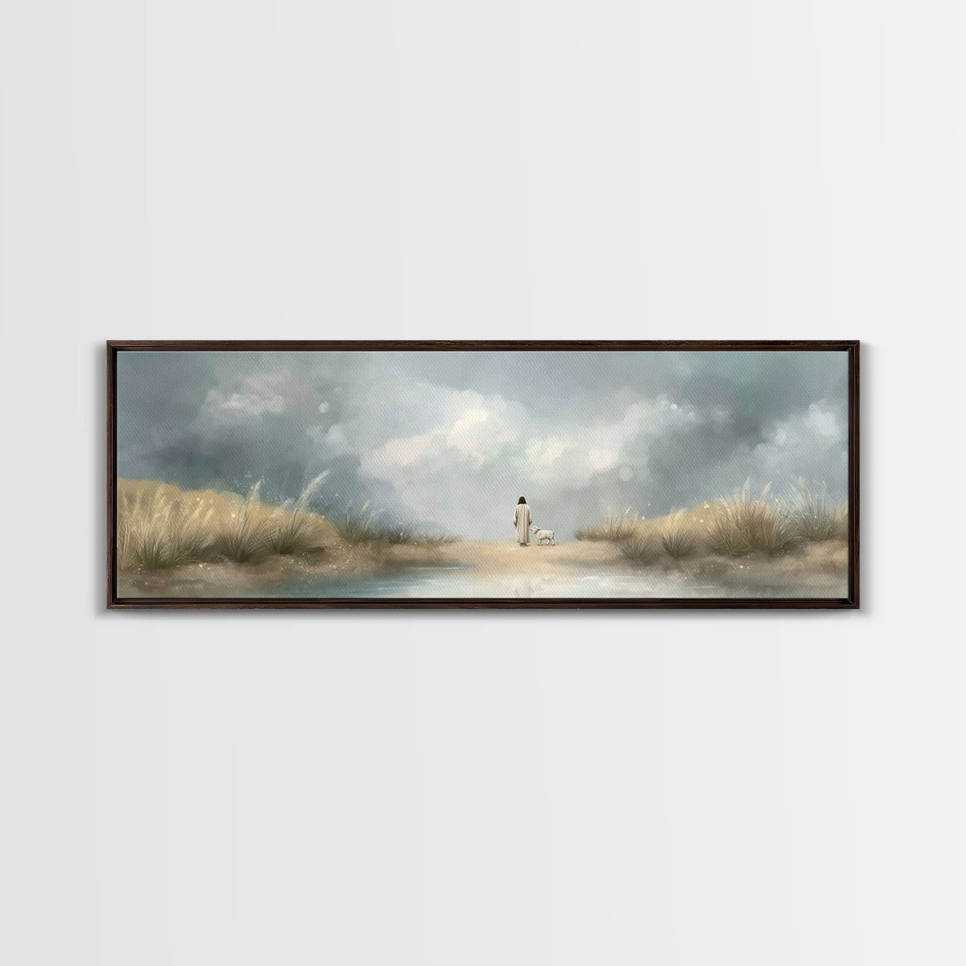 Gentle Shepherd Path – Framed Canvas Print – Christian Wall Art – Jesus Painting – Panoramic Art – Christian Art Canvas – Christian Christm