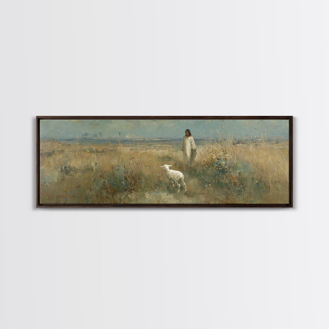 Quiet Meadow Grace, Framed Canvas Print, Christian Wall Art, Panoramic Print, Jesus Painting, Christian Christmas Art, Christian Art Canvas
