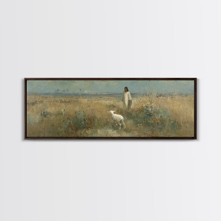 Quiet Meadow Grace, Framed Canvas Print, Christian Wall Art, Panoramic Print, Jesus Painting, Christian Christmas Art, Christian Art Canvas