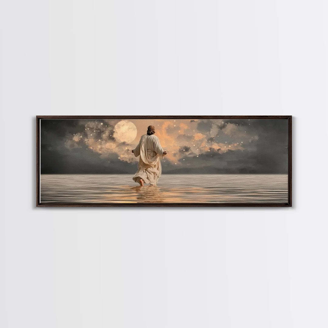 Moonlit Savior Calm – Framed Canvas Print – Panoramic Art – Christian Wall Art – Jesus Painting – Christian Art Canvas – Christmas Art