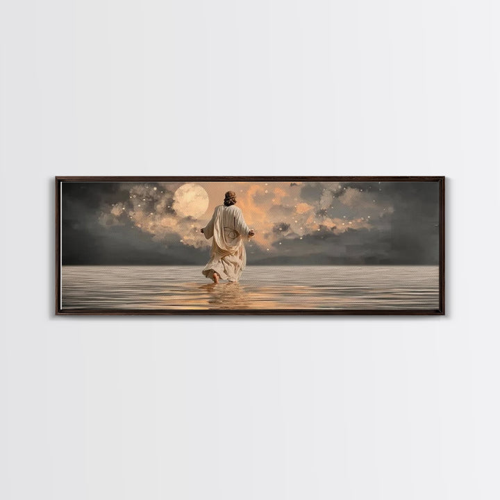 Moonlit Savior Calm – Framed Canvas Print – Panoramic Art – Christian Wall Art – Jesus Painting – Christian Art Canvas – Christmas Art