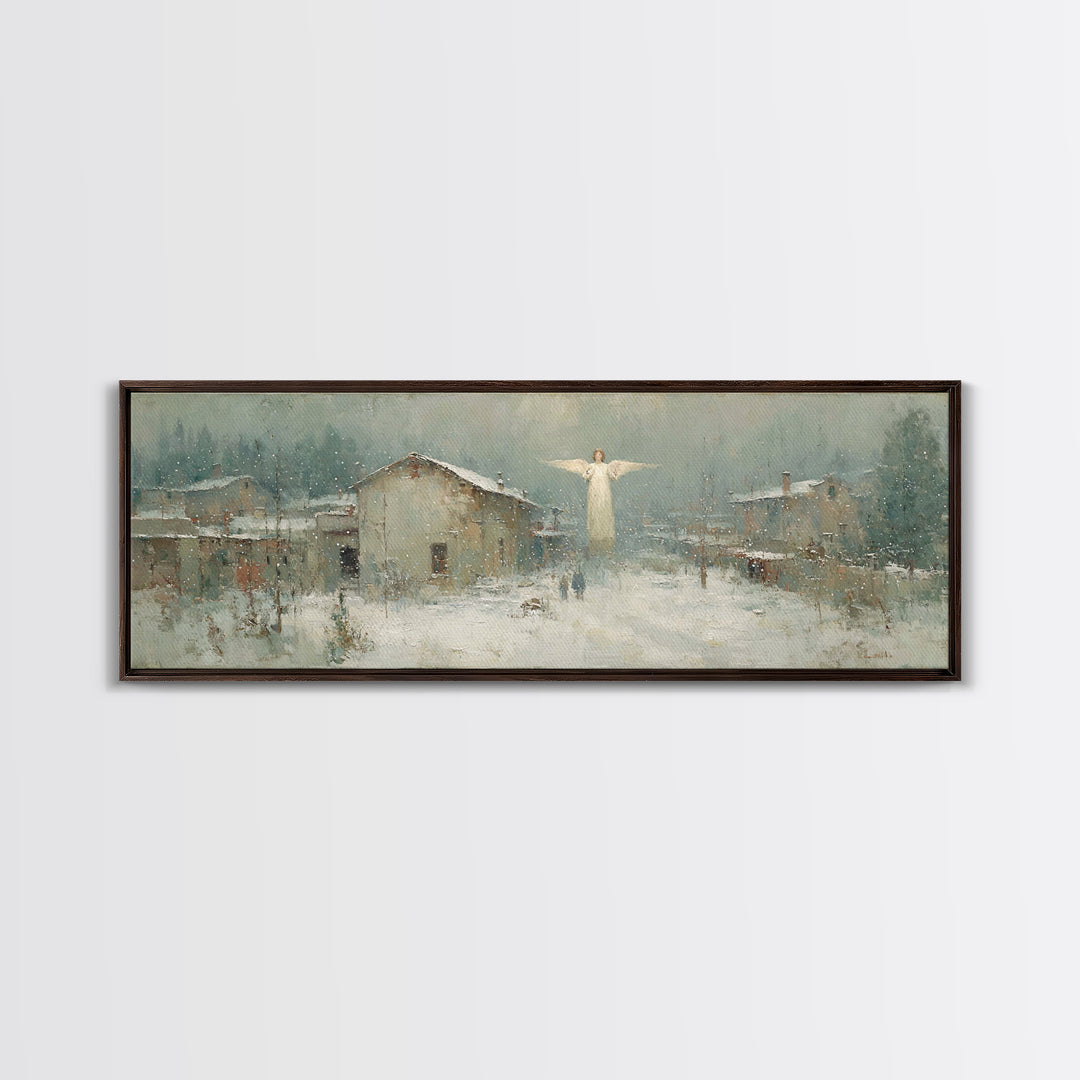 Winter Angel Blessing – Framed Canvas Print – Christian Wall Art – Panoramic Art – Christian Art Canvas – Christmas Art – Holiday Art