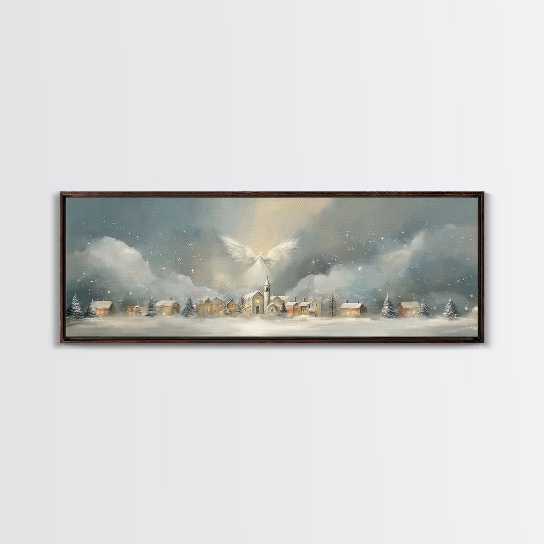 Heavenly Village Light, Framed Canvas Print, Christian Wall Art, Panoramic Painting, Christian Christmas Art, Christian Art Canvas, Holiday