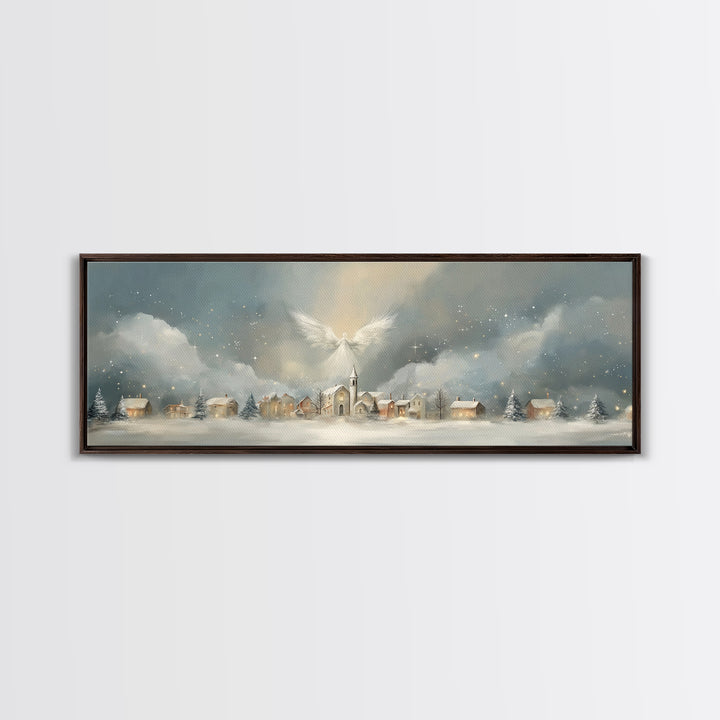 Heavenly Village Light, Framed Canvas Print, Christian Wall Art, Panoramic Painting, Christian Christmas Art, Christian Art Canvas, Holiday