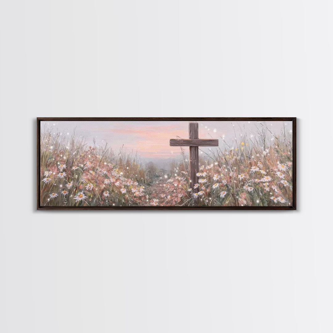 Silent Cross Meadow | Framed Canvas Print | Panoramic Wall Art | Christian Art Canvas | Subtle Christian Art | Christian Decor | Christmas