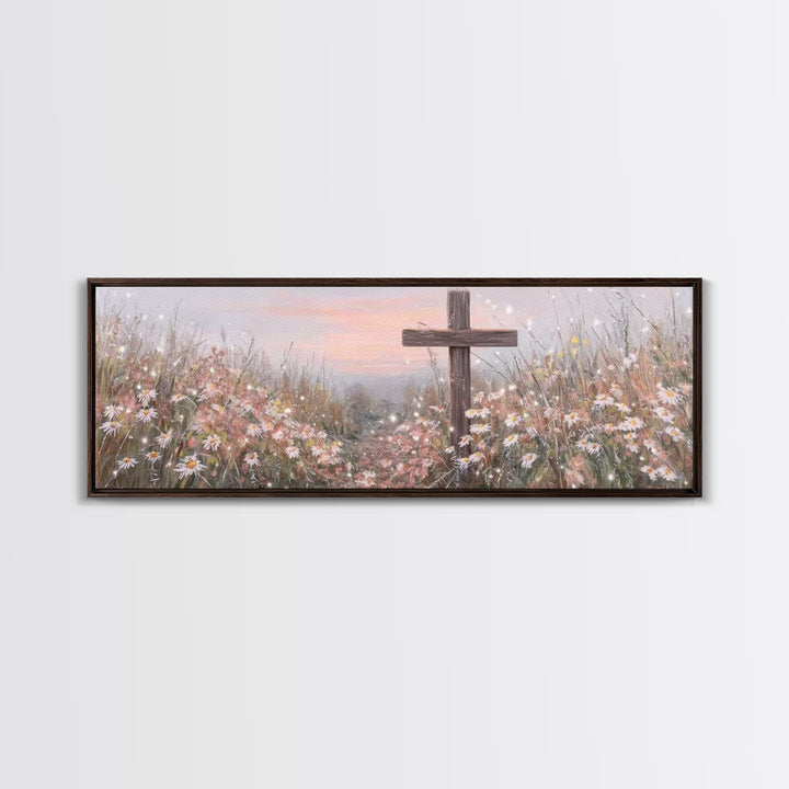 Silent Cross Meadow | Framed Canvas Print | Panoramic Wall Art | Christian Art Canvas | Subtle Christian Art | Christian Decor | Christmas