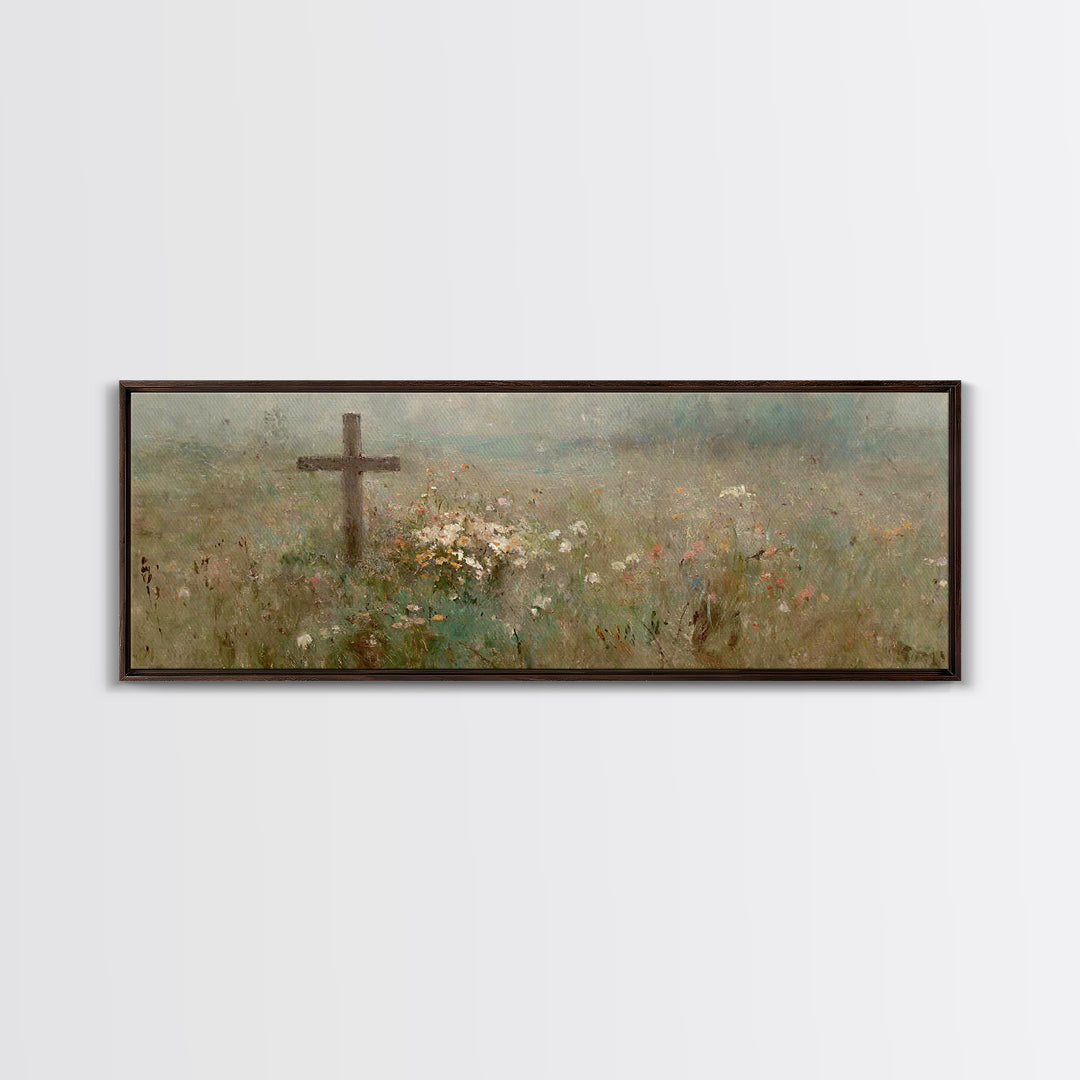 Quiet Garden Cross | Framed Canvas Print | Extra Wide Art | Christian Wall Art | Christian Art Print | Christian Christmas Decor | Modern C