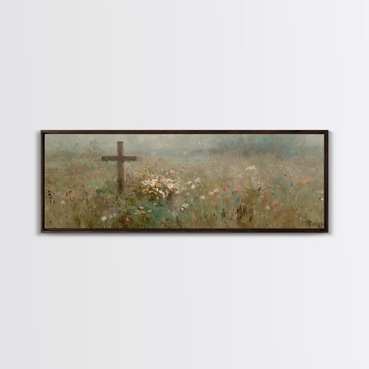 Quiet Garden Cross | Framed Canvas Print | Extra Wide Art | Christian Wall Art | Christian Art Print | Christian Christmas Decor | Modern C