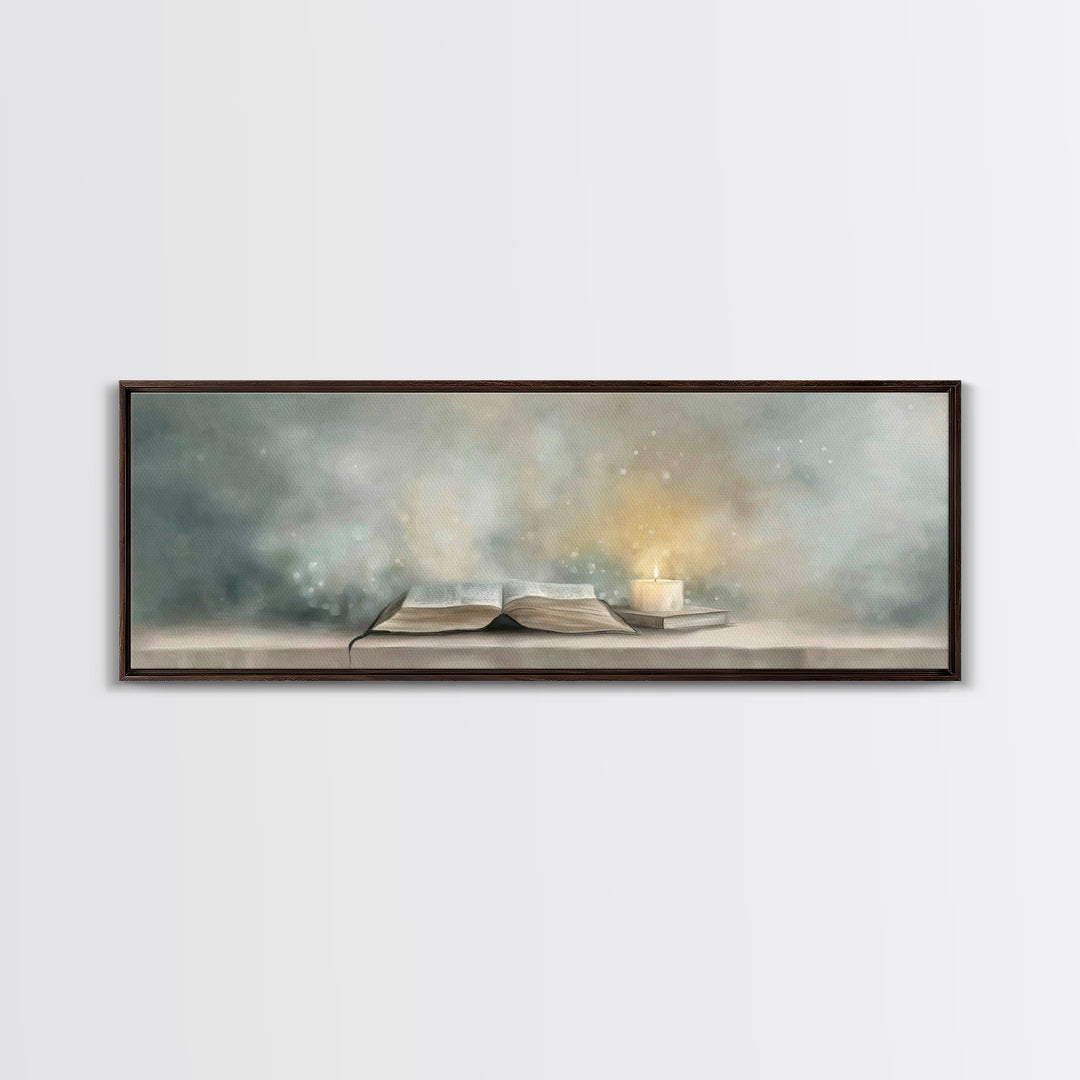 Candlelit Scripture | Framed Canvas Print | Christian Christmas Art | Panoramic Wall Art | Christian Art Canvas | Christian Painting | Chri