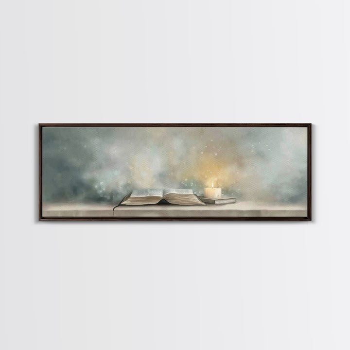 Candlelit Scripture | Framed Canvas Print | Christian Christmas Art | Panoramic Wall Art | Christian Art Canvas | Christian Painting | Chri